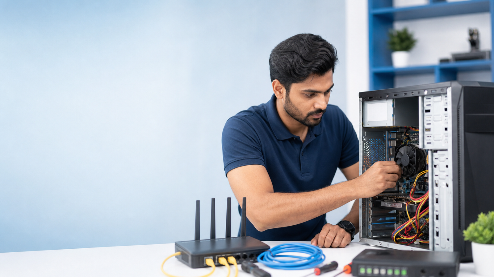 Technician servicing a desktop computer and network equipment